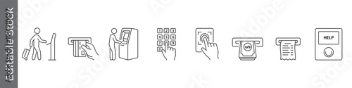 ATM booth, atm machine and banking machine icon set – editable outline symbols of card insertion, PIN pad, cash withdrawal, receipt and help button