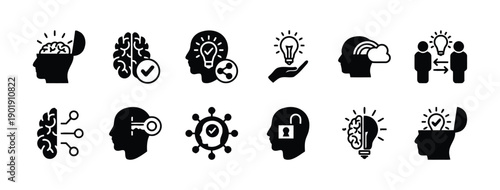 Solid black icons focused on intelligence, brain function, ideas, and mental processes, representing insights and problem solving.
