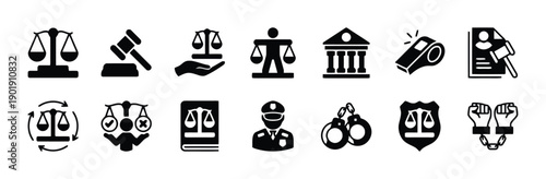 Solid black icons depicting legal system concepts including scales of justice gavel court building handcuffs police officer and legal documents