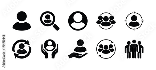 Solid black icons of people and user management, including person, group, search, focus, care and recruitment for human resources and business themes