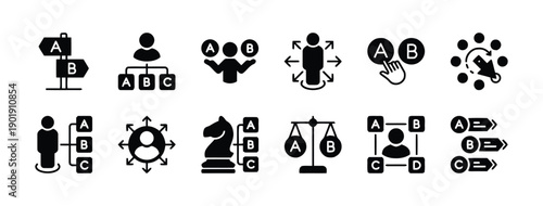 Solid black icons representing decision making, strategy, options, and organizational structure, business choices and logical processes.