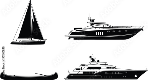 Premium collection of black boat and ship silhouettes featuring luxury motor yacht sailboat and canoe isolated on white background for ocean transport design.