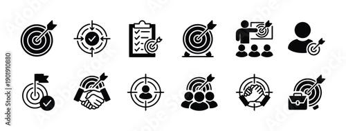 Solid black target and achievement icons set with bullseye symbols arrows hitting mark teamwork goals and performance indicators for business marketing strategy and success measurement concepts
