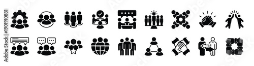 Solid black version of team building and collaboration icons, showcasing unity, communication, and group dynamics for business and project management purposes.
