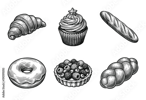 Vintage engraving style bakery and pastry set featuring croissant, cupcake, baguette, donut, berry tart, and braided bread loaf on a plain white surface.