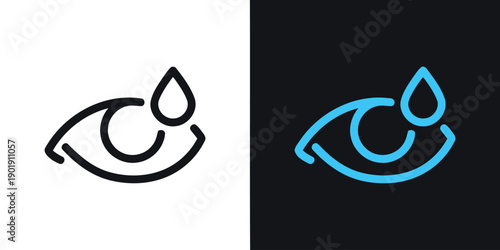 Simple line art illustration of eye with falling drop symbolizing eye care, vision, health, and treatment with modern minimal design on white and dark backgrounds