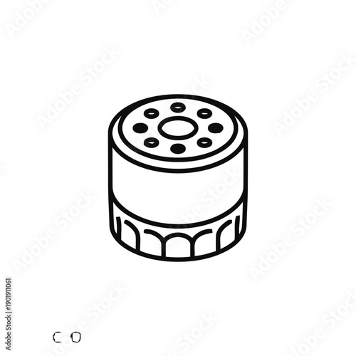 Simple line illustration of oil filter, essential automotive part for engine maintenance, showing its cylindrical shape and textured base.