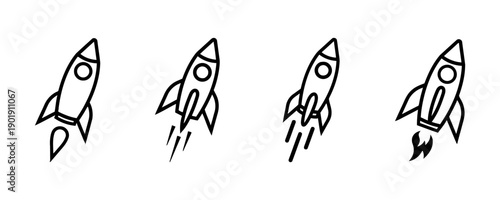 Simple outline icons of rockets in various stages of flight, representing space exploration, launching, and journey concepts. Clean vector graphics.