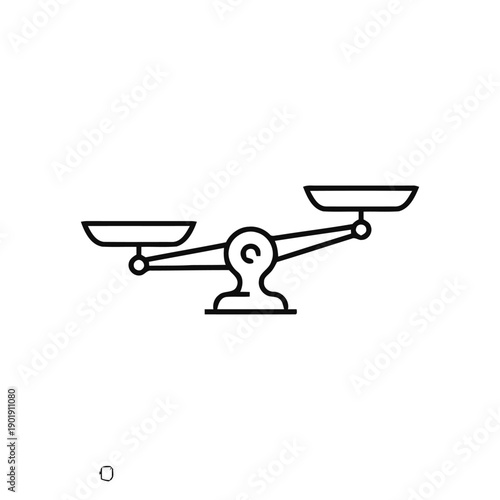 Simple outline graphic of a vintage balance scale, symbol of justice, law, and measurement, showing two pans and central fulcrum.