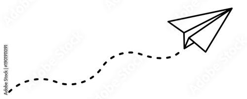 Simple outline illustration of a paper airplane in flight, tracing a dotted line path, symbolizing travel, ideas, and sending messages.
