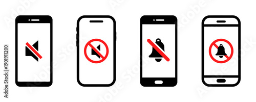 Smartphone with silent mode icon, no sound notification symbol for mobile phone, muted volume sign illustration, phone off ringer graphic