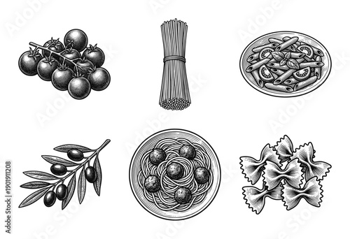 Italian food ingredients and pasta dishes collection featuring woodcut style illustrations of spaghetti, penne, farfalle, tomatoes, and olives.
