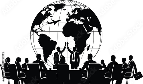 Black silhouette of corporate business meeting with globe background featuring professional executives in boardroom for global partnership international trade and world leadership company concepts,