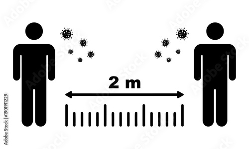 Social distancing icon showing two people maintaining two meter distance with virus particles between them representing public health safety measures and pandemic prevention