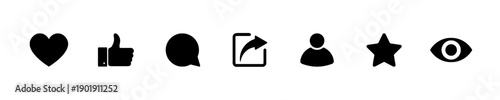 Social media engagement icons including like, comment, share, profile, favorite, and view, representing user interaction and content popularity