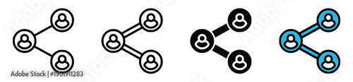 Social sharing icons depicting network connection between people icons, representing sharing, connection, and community, available in outline, black, and blue designs.