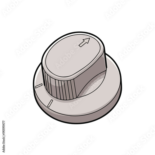 A grayscale illustration of a round knob with an arrow
