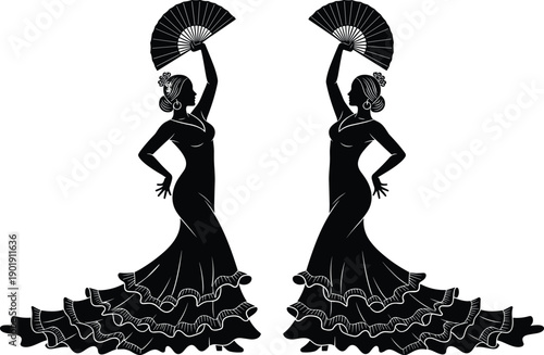 Black silhouette of two elegant flamenco dancers with traditional fans and ruffled dresses for Spanish culture festivals performing arts events and Latin dance graphics,