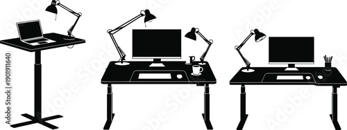 Black silhouettes of adjustable standing desks with computer monitors laptops and desk lamps for home office setups gaming workstations ergonomic furniture and remote work concepts,