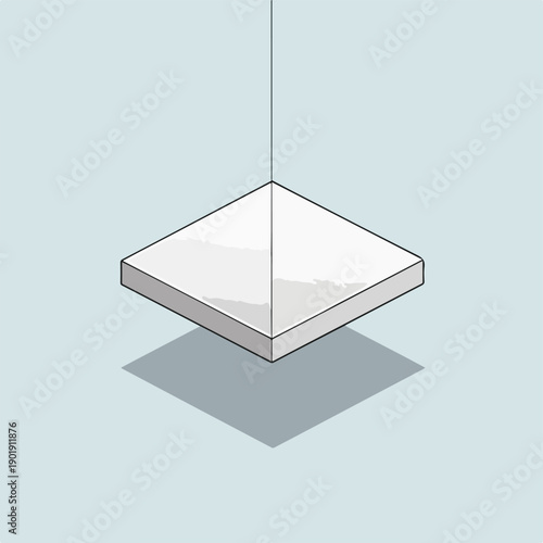 A white square object suspended by a thin line casting a shadow