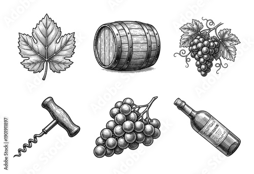 Vintage engraving style wine making set featuring grape clusters, wooden barrel, leaf, corkscrew, and glass bottle on white.