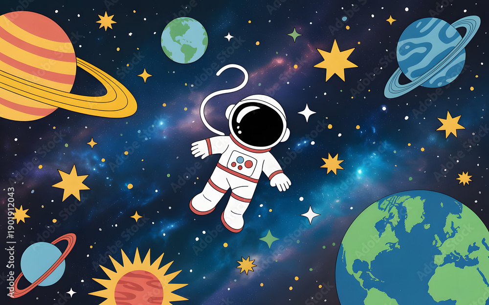 Naklejka premium Whimsical Space Photoshoot Backdrop with Floating Astronaut, Planets, Stars, and Earth Creating an Adventurous Cosmic Scene