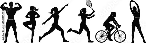 Black silhouettes of male and female athletes practicing bodybuilding yoga running tennis cycling and stretching for fitness training gym motivation and healthy active lifestyle concepts,