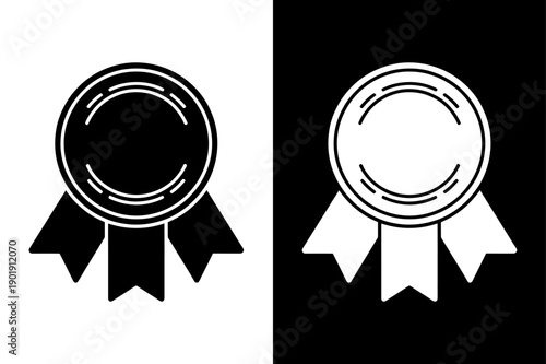Certificate Medal Rosette Symbol. Achievement Award Badge Silhouette Vector Black Background