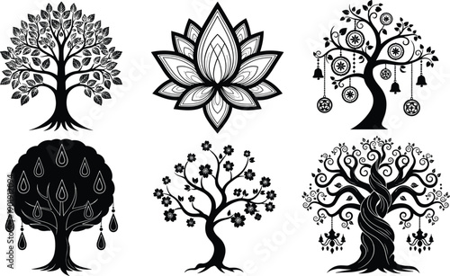 Black silhouettes of mystical life trees lotus flowers and decorative botanical ornaments for spiritual wellness meditation branding yoga studio logos and bohemian wall art designs,