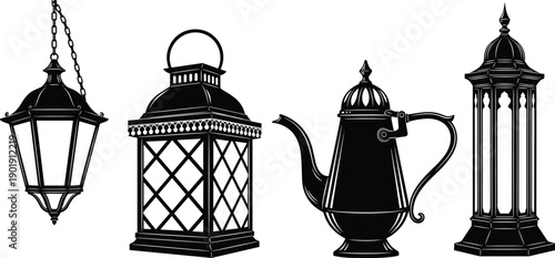 Black silhouettes of ornate Moroccan lanterns vintage hanging lamps and a traditional Arabian teapot for Ramadan celebration Islamic holidays and Middle Eastern cultural decor graphics,