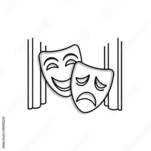 A black and white image of two comedy and tragedy masks