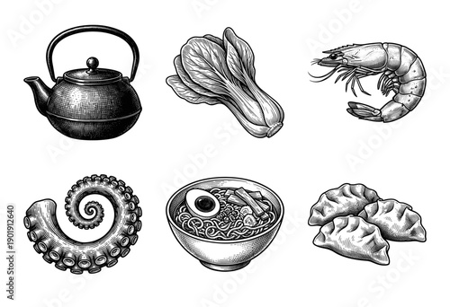 Asian culinary illustration set featuring ramen bowl, dumplings, shrimp, octopus tentacle, bok choy, and teapot in vintage woodcut engraving style.
