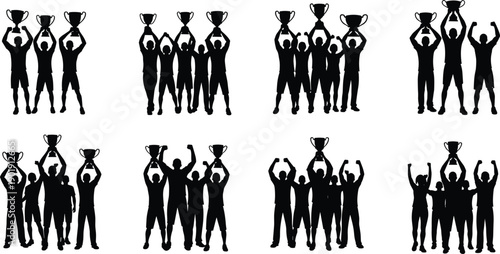 Black silhouettes of winning sports teams holding trophies and celebrating victory for championship success team motivation achievement awards and competitive business leadership concepts,
