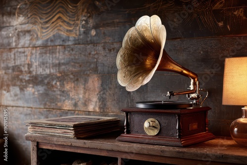 Brass-horn gramophone beside ancient timber wall, cozy atmosphere and vintage audio setup