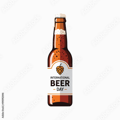 A brown beer bottle with International Beer Day label
