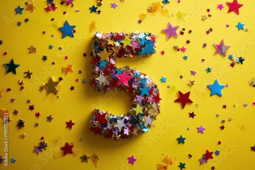 Bright yellow background with a five formed by colorful star confetti for a fifth birthday celebration
