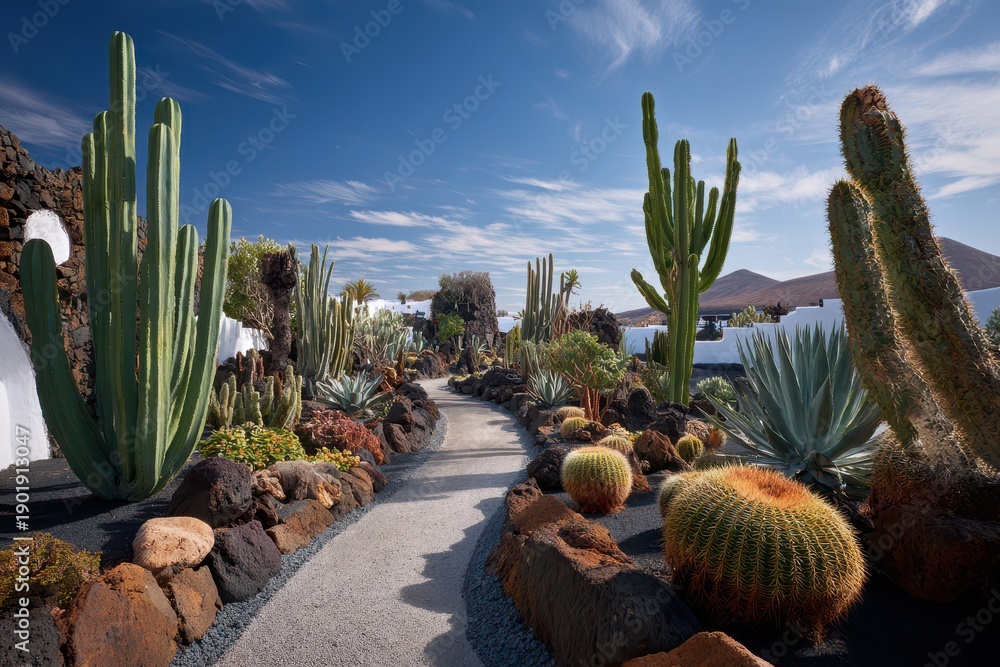Fototapeta premium Cactus garden in volcanic Lanzarote on a sunny Canary Islands day