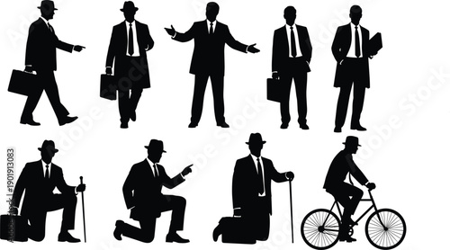 Business professional silhouettes, senior man with cane, forest pine tree sets, corporate office workers walking, talking on phone, nature and lifestyle vector icons.