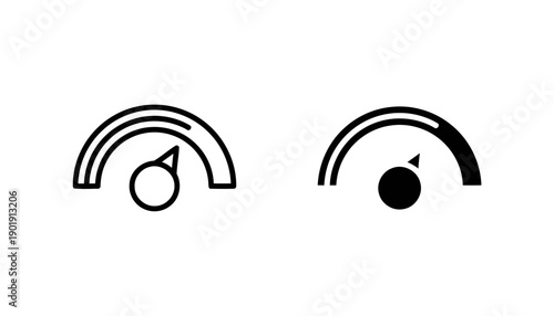 Speedometer icons in outline and solid styles illustrating speed levels and performance metrics for car dashboards or app interfaces showing quickness and acceleration