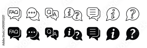 Speech bubble icons with FAQ, Q&A, information symbol, question mark, and message content to represent communication, questions, answers, and help