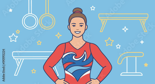 Friendly Gymnast Portrait
A flat vector illustration of a friendly gymnast smiling confidently, wearing a leotard. Simple background with gymnastics icons. Flat vector style ideal for branding.