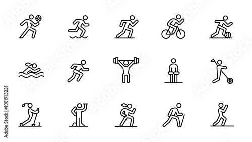 Diverse Sports Icons: A collection of simple yet elegant black-line icons representing a variety of sports activities, showcasing the energy and dynamism of physical activity.