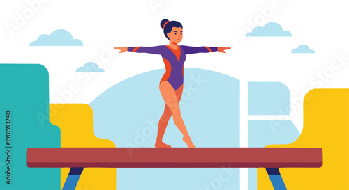  Gymnast Balance Beam
A flat vector illustration of a gymnast balancing on a balance beam. Arms extended, focused posture. Flat vector style, clean and precise composition.