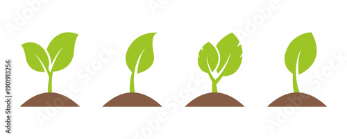 Sprouts in soil growth stages concept set of green plant seedlings emerging from ground, symbolizing development, new life, spring, and organic agriculture, simple flat vector illustration collection