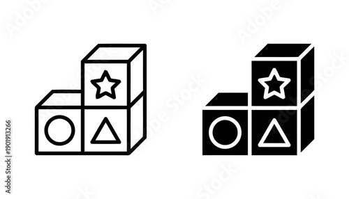 Stack of baby blocks with shapes, circle triangle star, outline and filled silhouette vector icon set for education