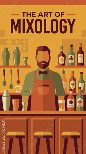 “Flat vector bartender poster showing a mixologist behind a bar, wearing apron and bow tie, cocktail tools arranged neatly, warm flat colors, clean poster layout”