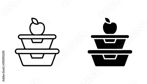 Stacked food containers with apple on top. Both outline and solid black versions available for diverse design applications.