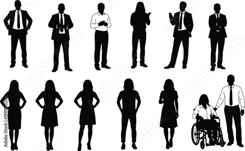 Business professional silhouettes, corporate office workers walking, senior man with cane, evergreen pine forest trees, tactical security and nature vector icons for design.