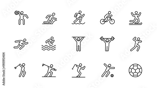 Sports Icon Set: A comprehensive collection of minimalist icons, each portraying a unique sport and activity, suitable for versatile applications.