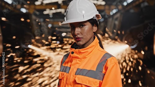 Empowering portrait of a female engineer in high-vis gear, standing confidently against a backdrop of grinding sparks for industrial safety campaigns.